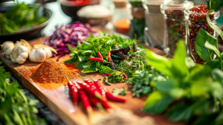 A close-up of vibrant Thai herbs and spices arranged neatly on a wooden cutting board, ready for a flavorful culinary adventure.の素材