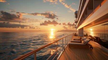 A luxury cruise ship sailing into the sunset, with passengers lounging on deck chairs, enjoying the serenity of the open sea.の素材