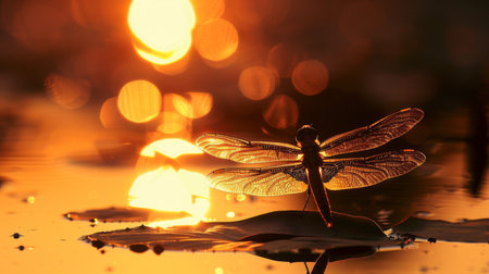 A dragonfly basking in the warm glow of the setting sun, its silhouette casting a delicate shadow on a tranquil pond below.の素材