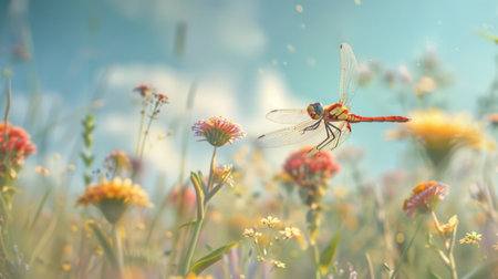 A dragonfly captured in mid-air, its wings blurred with motion as it darts through a field of wildflowers on a sunny day.の素材