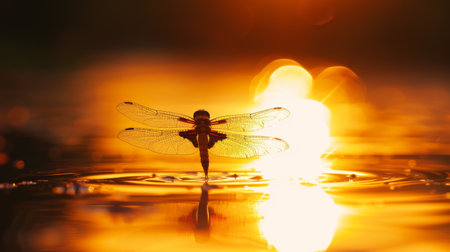 A dragonfly basking in the warm glow of the setting sun, its silhouette casting a delicate shadow on a tranquil pond below.の素材