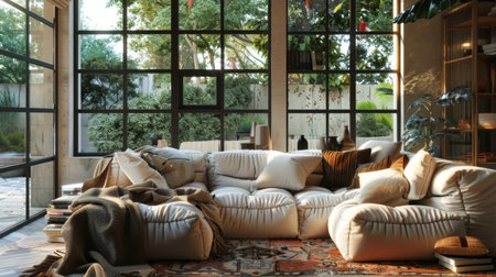 A cozy living room with plush sofas and blankets, perfect for relaxation on a rainy dayの素材