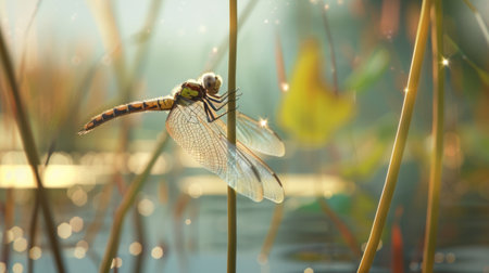 A dragonfly nymph emerging from its aquatic habitat, climbing up a plant stem as it prepares to undergo its final metamorphosis.の素材