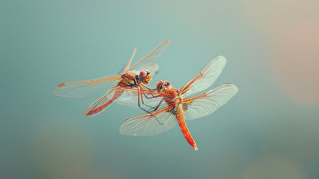 A pair of dragonflies engaged in a graceful aerial mating dance, their synchronized movements a testament to the beauty of nature's rhythms.の素材