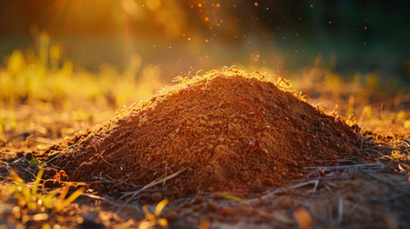 A fire ant mound illuminated by golden sunlight, casting shadows in the early morningの素材