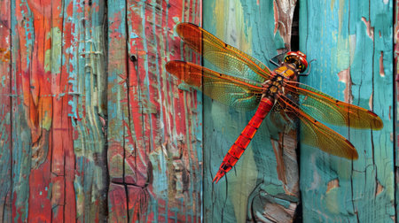 A dragonfly resting on a weathered wooden fence, its vibrant colors standing out against the rustic backdrop of the countryside.の素材
