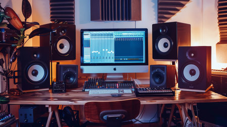 A home studio setup with studio monitors and audio interface for music productionの素材