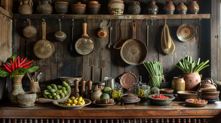 A rustic kitchen scene with traditional Thai cooking utensils and ingredients neatly arranged, evoking the warmth and comfort of home-cooked meals.の素材