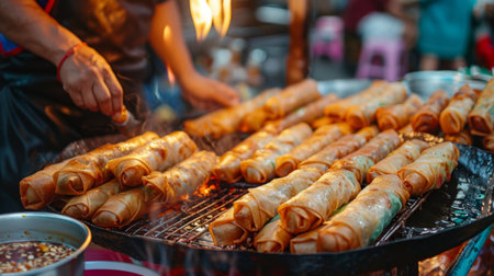 A street vendor expertly frying up crispy Thai spring rolls, with golden-brown wrappers bursting with savory fillings and served with dipping sauce.の素材