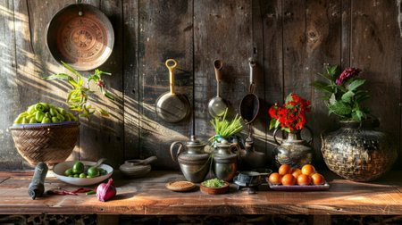 A rustic kitchen scene with traditional Thai cooking utensils and ingredients neatly arranged, evoking the warmth and comfort of home-cooked meals.の素材