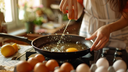 A woman cracking eggs into a frying pan, the sizzle of cooking oil and the aroma of eggs filling the air with culinary promise.の素材