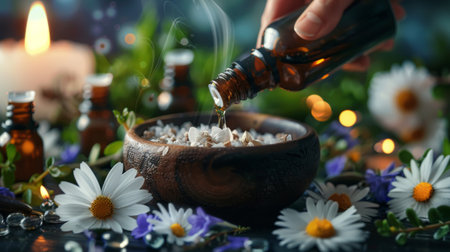 A therapist performing a rejuvenating aromatherapy massage, using essential oils to promote relaxation and balance body and mind.の素材