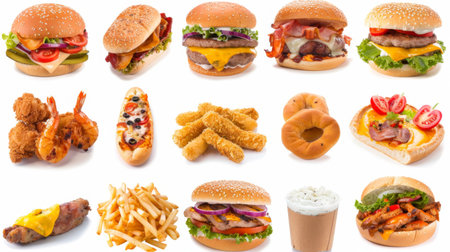 All Fast Food collection set, isolated on white background. Fried chicken, fries, pizza, sandwich, chicken nuggets, eggs and bacon, shawarma, prawns. Junk food of Fast Food set. Closeup of fast foods.の素材