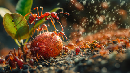 A swarm of fire ants devouring a fallen fruit, scavenging for food in the wildの素材