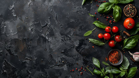 Black stone cooking background. Spices and vegetables. Top view. Free space for your text.の素材