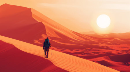 An intrepid traveler trekking across a vast desert landscape, with sand dunes stretching to the horizon under a blazing sun.の素材