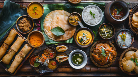 A traditional South Indian breakfast spread featuring dosas, idlis, vadas, and assorted chutneys, showcasing the region's rich culinary heritage.の素材