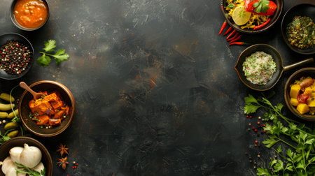 Assorted indian food on black background.. Indian cuisine. Top view with copy spaceの素材