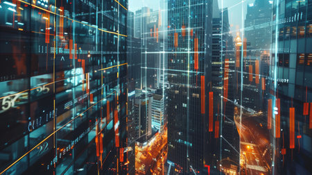 As background for a financial or business concept, digital screen and financial graphs overlap on a picture of modernistic cityscape, skyscrabbers.の素材