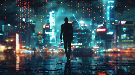 Business technology concept, Professional business man walking on future Pattaya city background and futuristic interface graphic at night, Cyberpunk color styleの素材