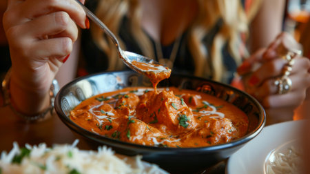 A woman savoring a spoonful of creamy chicken tikka masala, her taste buds delighted by the harmonious blend of spices and flavorsの素材