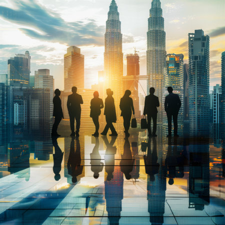 Businessmen silhouettes working together on blurry Kuala Lumpur city background with daylight. Teamwork and meeting concept.の素材