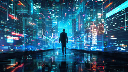 Business technology concept, Professional business man walking on future network city background and futuristic interface graphic at night, Cyberpunk color styleの素材