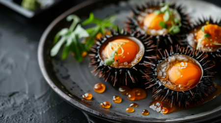 Fresh opened Sea Urchins with quail egg and soy sauce on plate on gray background close-upの素材