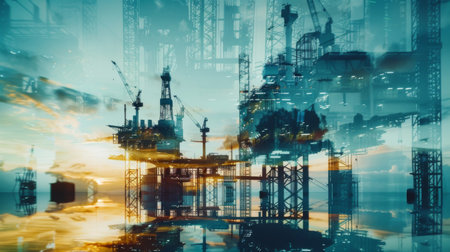 Double exposure Engineering Industry concept in office with Offshore oil and gas rig platform with beautiful sky in the gulf of Thailand.の素材
