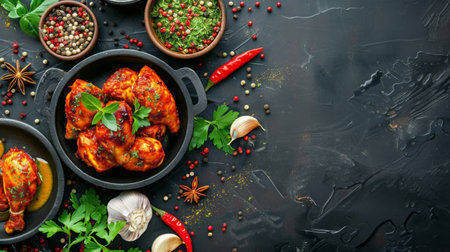 chicken curry with spices on a dark backgroundの素材