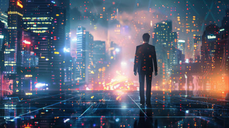 Business technology concept, Professional business man walking on future Bangkok city background and futuristic interface graphic at night, Cyberpunk color styleの素材