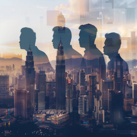 Businessmen silhouettes working together on blurry Kuala Lumpur city background with daylight. Teamwork and meeting concept.の素材