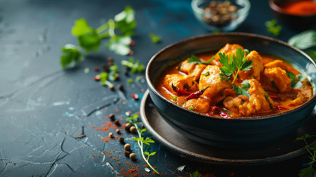 chicken curry with spices on a dark backgroundの素材