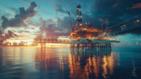 Double exposure Engineering Industry concept in office with Offshore oil and gas rig platform with beautiful sky in the gulf of Thailand.の素材