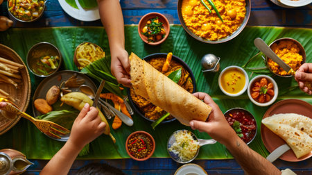 A family enjoying a traditional Indian meal together, with dosas taking center stage alongside a variety of flavorful side dishes and condiments.の素材