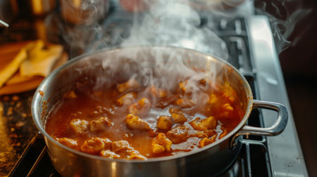 A steaming pot of fragrant chicken tikka masala simmering on a stove, filling the kitchen with the enticing aroma of Indian spices.の素材