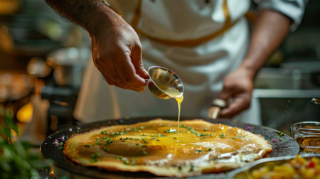 A chef drizzling ghee over a freshly cooked dosa, enhancing its flavor and aroma with the rich, nutty essence of clarified butter.の素材