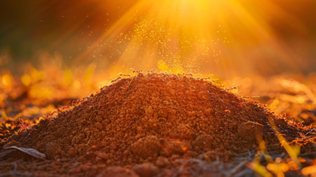 A fire ant mound illuminated by golden sunlight, casting shadows in the early morningの素材