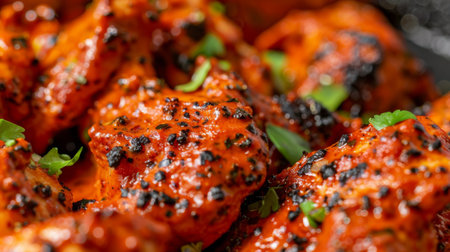 A close-up of tender chicken pieces marinating in a rich and creamy tikka masala sauce, ready to be grilled to perfection.の素材