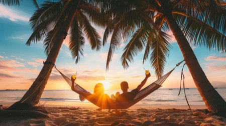 A couple relaxing in a hammock strung between palm trees on a tropical beach, sipping cocktails as they watch the sunset.の素材
