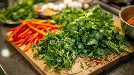 A close-up of vibrant Thai herbs and spices arranged neatly on a wooden cutting board, ready for a flavorful culinary adventure.の素材