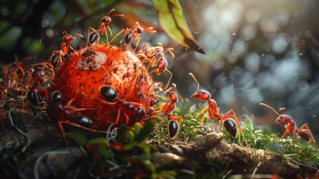 A swarm of fire ants devouring a fallen fruit, scavenging for food in the wildの素材