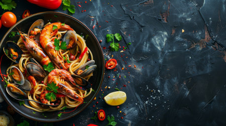 delicious appetizing Fresh Spaghetti with Spicy Mixed Seafood on dark background.Space for text. Overhead. Dark rustic wooden table. Dinner with pastaの素材