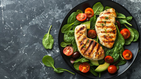 Grilled chicken breast and avocado salad with cherry tomatoes, spinach, in a black plate on a stone background with copy space for your textの素材