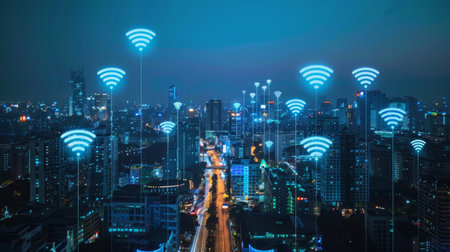 Modern city with wireless network connection conceptの素材