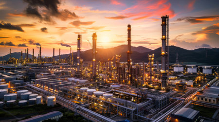 Oil Industry Refinery factory at Sunset, Petroleum, petrochemical plantの素材