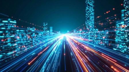 Smart city with speed line glowing light trail surround the city. big data connection technology conceptの素材