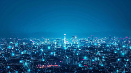 Smart digital city with connection network reciprocity over the cityscape . Concept of future smart wireless digital city and social mediaの素材