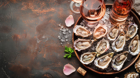 Opened Oysters on metal copper plate and rose wine on dark wooden backgroundの素材