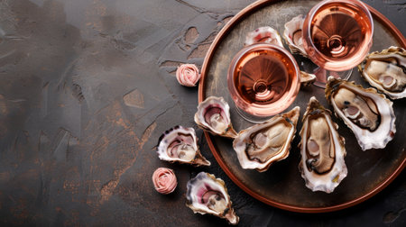 Opened Oysters on metal copper plate and rose wine on dark wooden backgroundの素材
